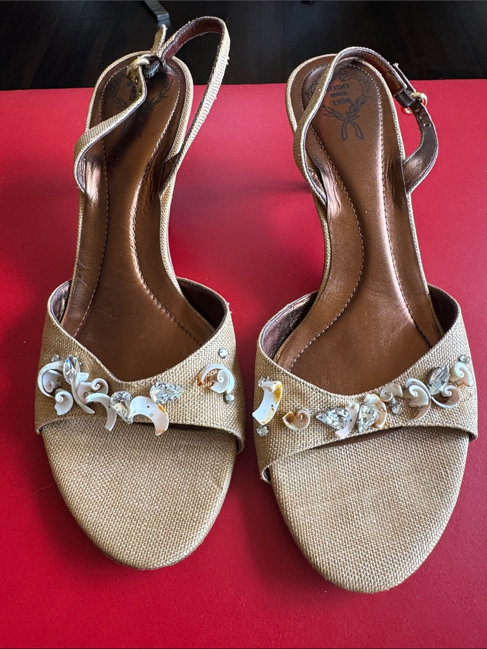 Rodo Tan Embellished Shell Slingback Sandals
